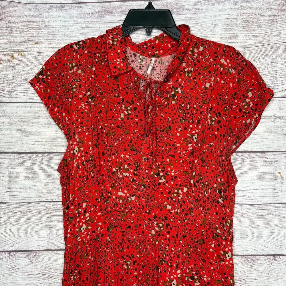 Free People 40's Print Midi Button Up Cap Sleeve Red Lined Shirt Dress Size 12
